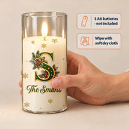 Christmas,Family,Icon,Sentimental - Christmas Home Decor Gift For Family - Personalized Monogram & Family Name Holly Botanical Initial LED Candle