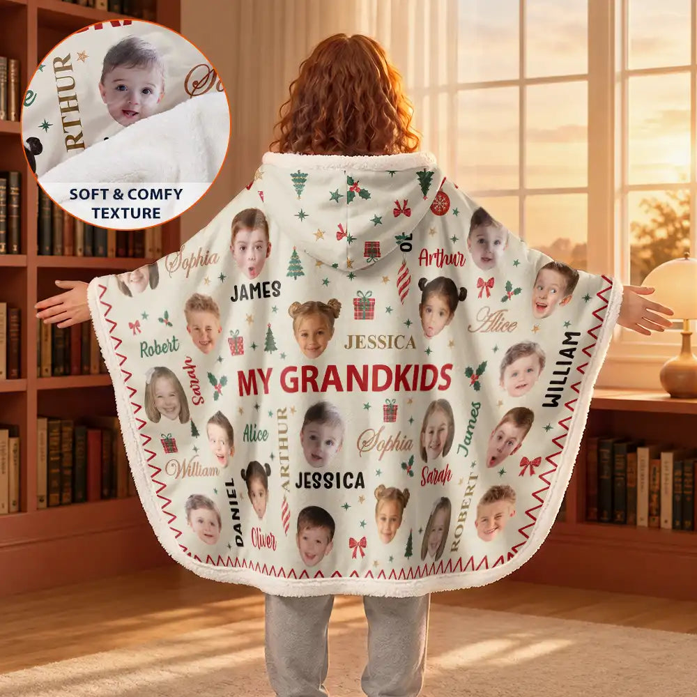Christmas,Custom Photo,Cut-Face Photo,Gift For Grandma,Gifts For Her,Sentimental - Christmas Gift For Grandma Grandpa - Personalized Custom Photo My Grandkids With Name Pattern Wearable Hooded Blanket