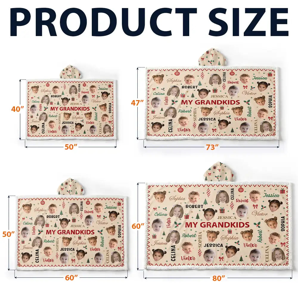 Christmas,Custom Photo,Cut-Face Photo,Gift For Grandma,Gifts For Her,Sentimental - Christmas Gift For Grandma Grandpa - Personalized Custom Photo My Grandkids With Name Pattern Wearable Hooded Blanket