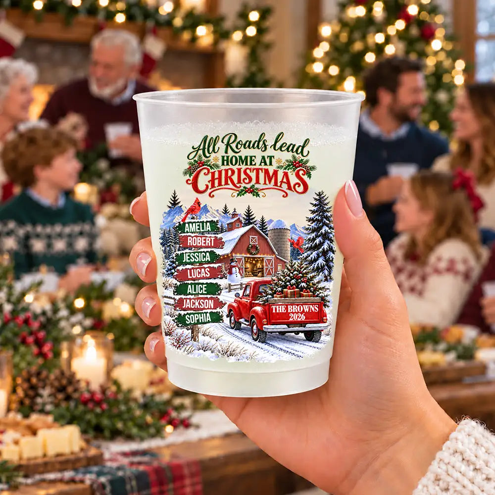 Christmas, Custom Text, Family, Sympathetic - Christmas Gift For Family Gathering - Personalized Family & Member Names All Roads Lead Home At Christmas Frosted Cups