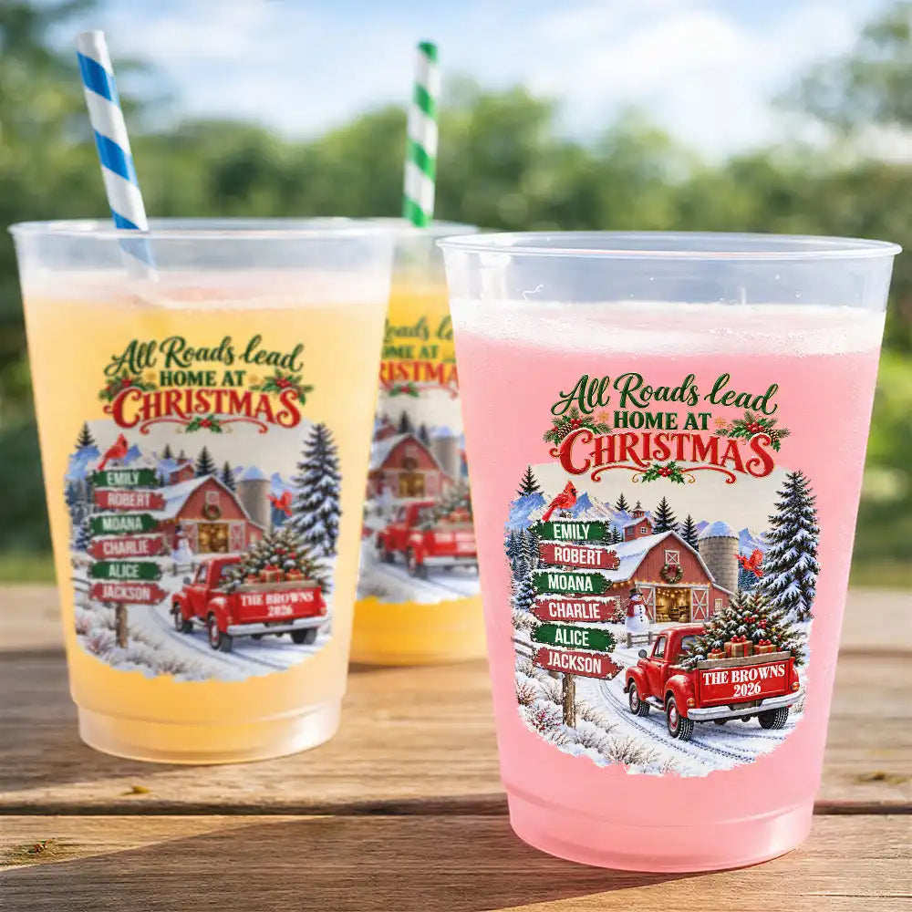 Christmas, Custom Text, Family, Sympathetic - Christmas Gift For Family Gathering - Personalized Family & Member Names All Roads Lead Home At Christmas Frosted Cups