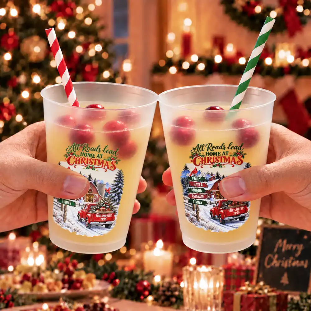 Christmas, Custom Text, Family, Sympathetic - Christmas Gift For Family Gathering - Personalized Family & Member Names All Roads Lead Home At Christmas Frosted Cups