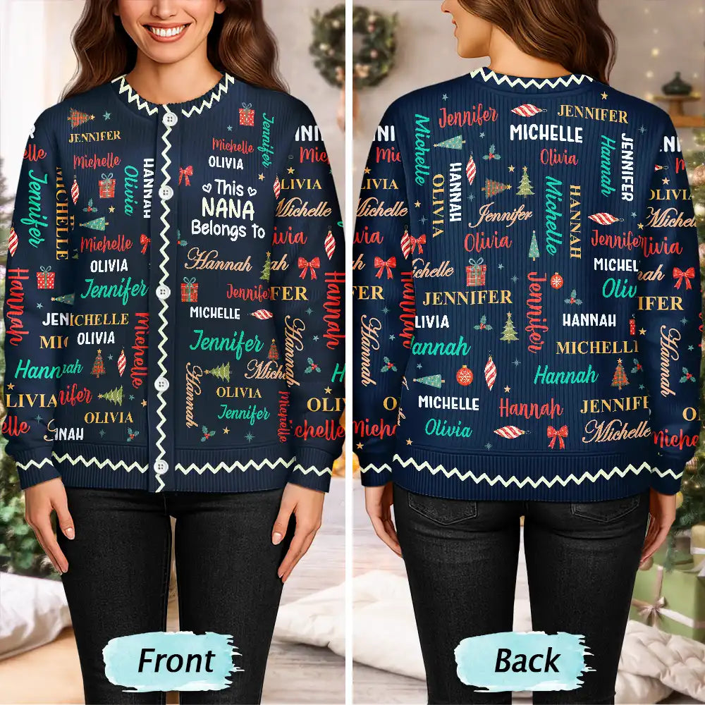 Christmas, Custom Text, Gift For Grandma, Gifts For Her, Happy - Christmas Gift For Grandma Nana - Personalized Kids Names Cardigan