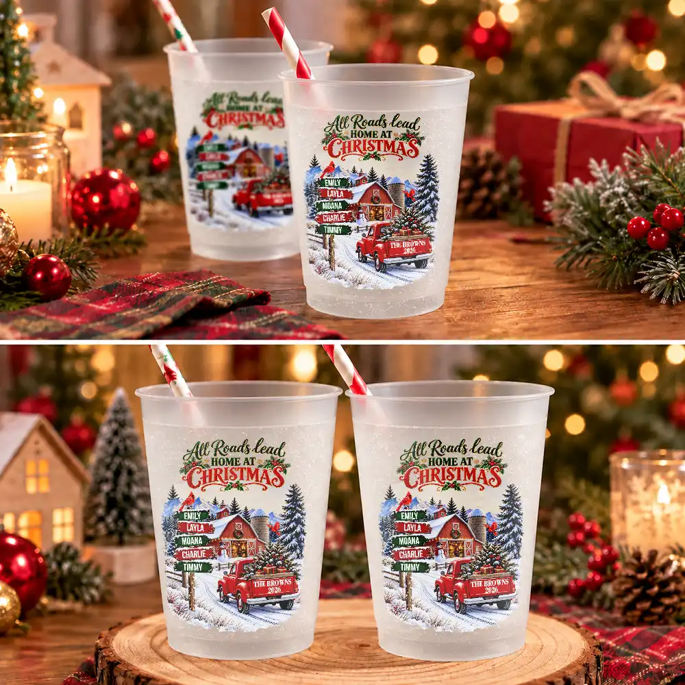 Christmas, Custom Text, Family, Sympathetic - Christmas Gift For Family Gathering - Personalized Family & Member Names All Roads Lead Home At Christmas Frosted Cups