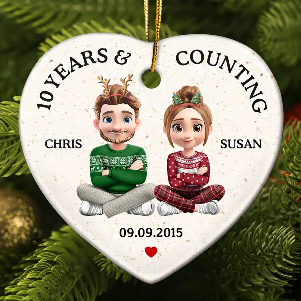 Love, Gift For Couples, Gift For Husband, Gift For Wife, Christmas, Wedding Anniversary, Married - Wedding Anniversary Many Years And Couting - Personalized Heart Ceramic Ornament