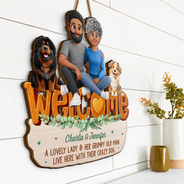 Gift For Couples,Old Couples,Funny,Gift For Husband,Gift For Wife,Dog Couple,Dog Lovers,Pet Lovers - Welcome A Lovely Lady And A Grumpy Old Man Live Here 3D Effect Dog - Personalized Custom Shaped Wood Sign