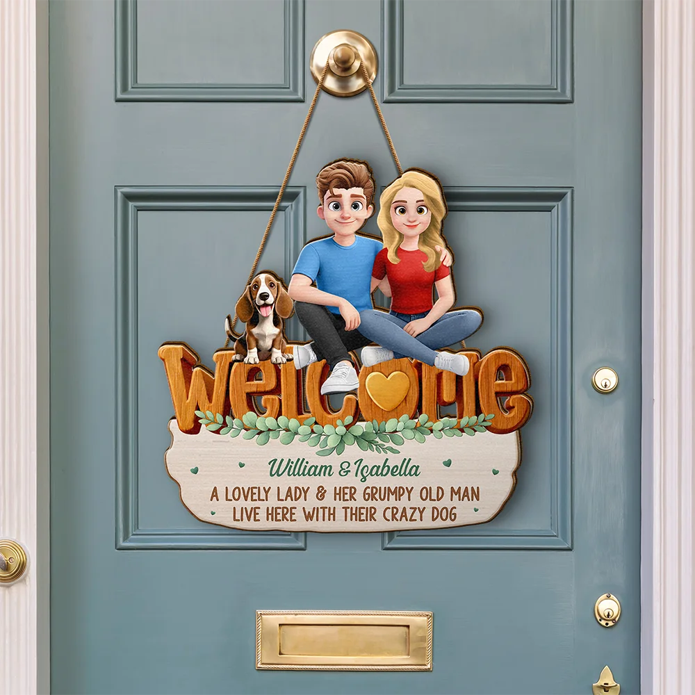 Gift For Couples,Old Couples,Funny,Gift For Husband,Gift For Wife,Dog Couple,Dog Lovers,Pet Lovers - Welcome A Lovely Lady And A Grumpy Old Man Live Here 3D Effect Dog - Personalized Custom Shaped Wood Sign