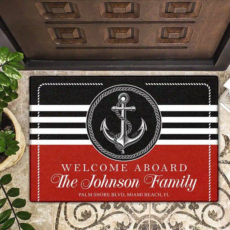 Family,Beach,Happy - Welcome Aboard Beach House Nautical Family - Personalized Doormat