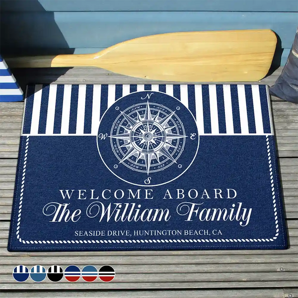 Family,Beach,Happy - Welcome Aboard Beach House Nautical Family - Personalized Doormat