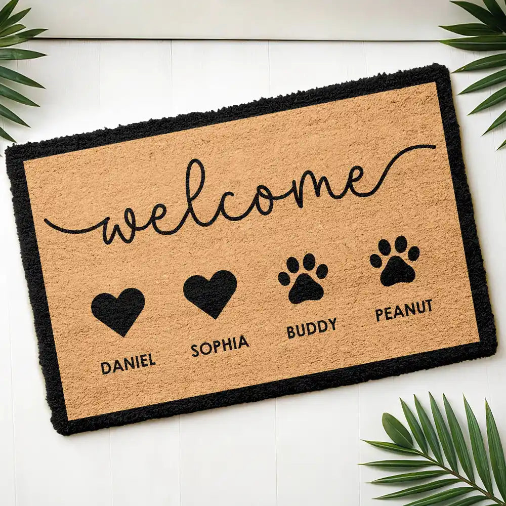 Family,Parents,Gift For Kids,Happy - Welcome Family Heart Pawprints - Personalized Coconut Doormat