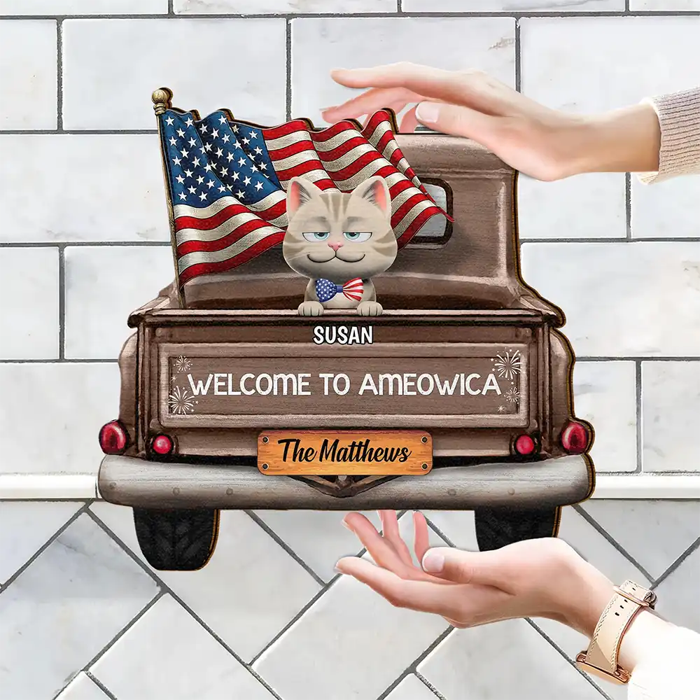 Cat Lovers, Cat Mom, America 250th, Independence Day, Funny - Welcome To Ameowica - Personalized Custom Shaped Wood Sign