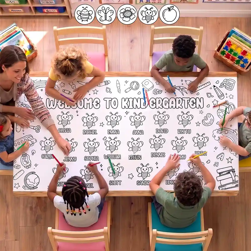 Teacher,Inspirational,Back To School,Icon,Custom Text - Welcome To First Grade Kindergarten - Personalized Coloring Tablecloth