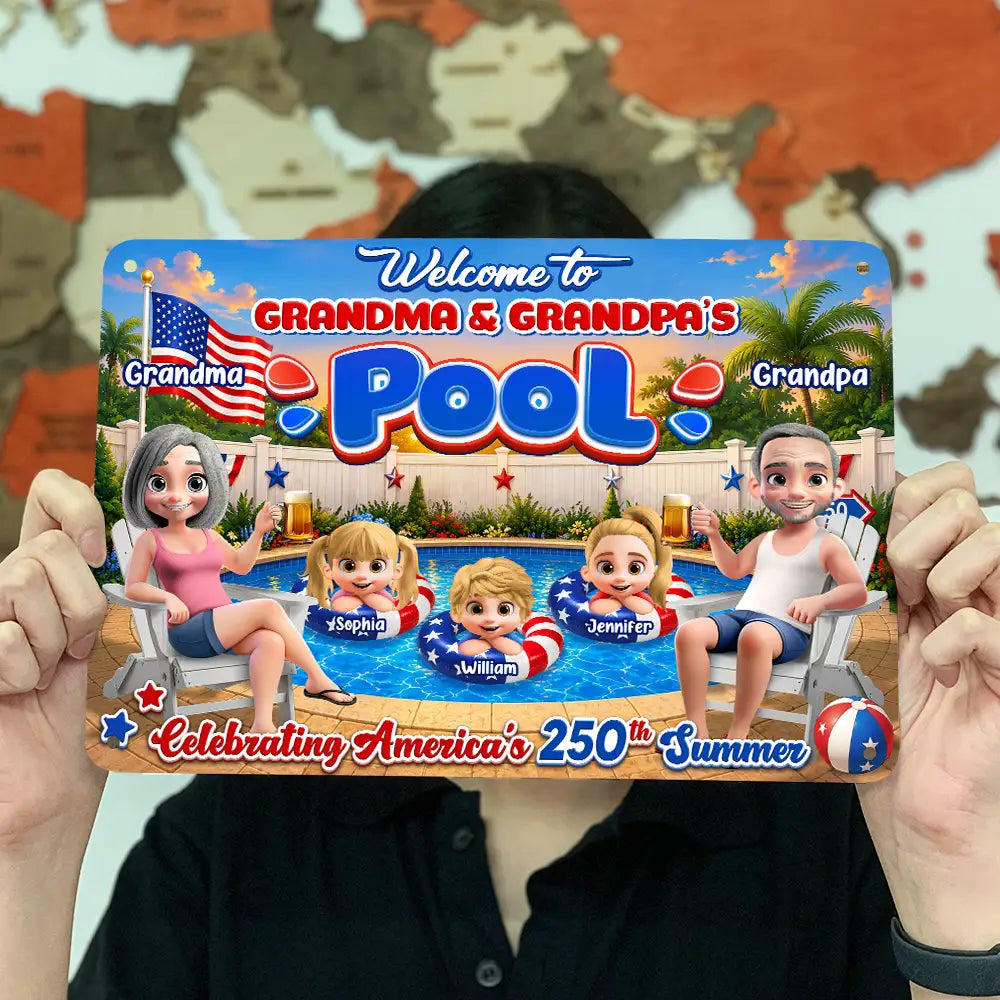 America 250th, Independence Day, Grandparents, Top Market, Playful, Vector - Welcome To Grandma Grandpa Pool 250th Anniversary - Personalized Classic Metal Signs