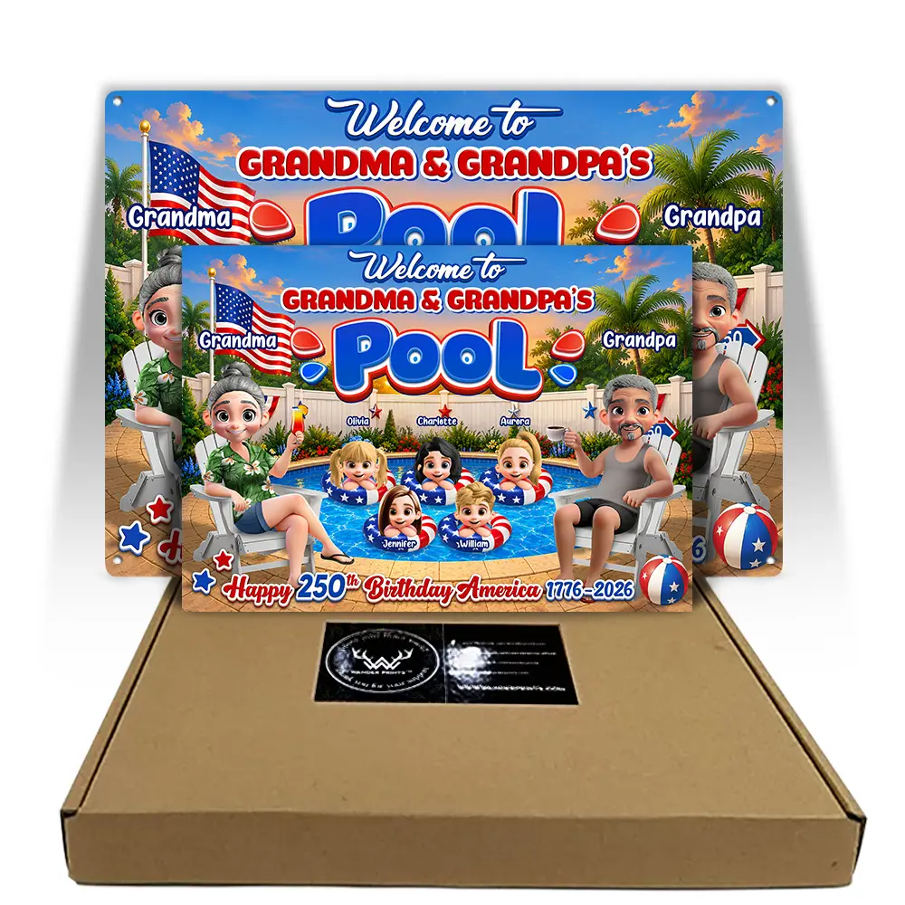 America 250th, Independence Day, Grandparents, Top Market, Playful, Vector - Welcome To Grandma Grandpa Pool 250th Anniversary - Personalized Classic Metal Signs