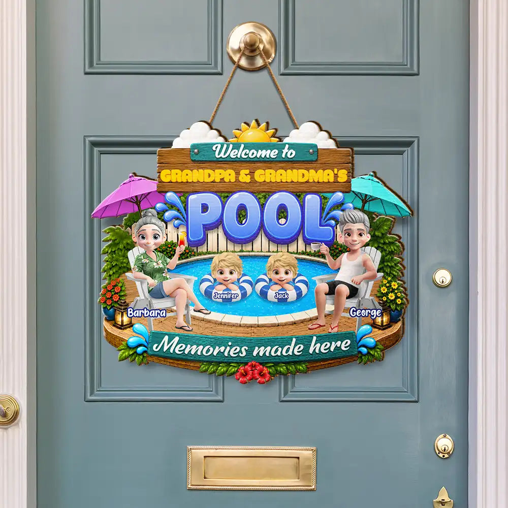Poolside, Outdoor Decor, Summer, Grandparents, Top Market, Playful, Vector - Welcome To Grandma Grandpa Pool Summer - Personalized Custom Shaped Wood Sign