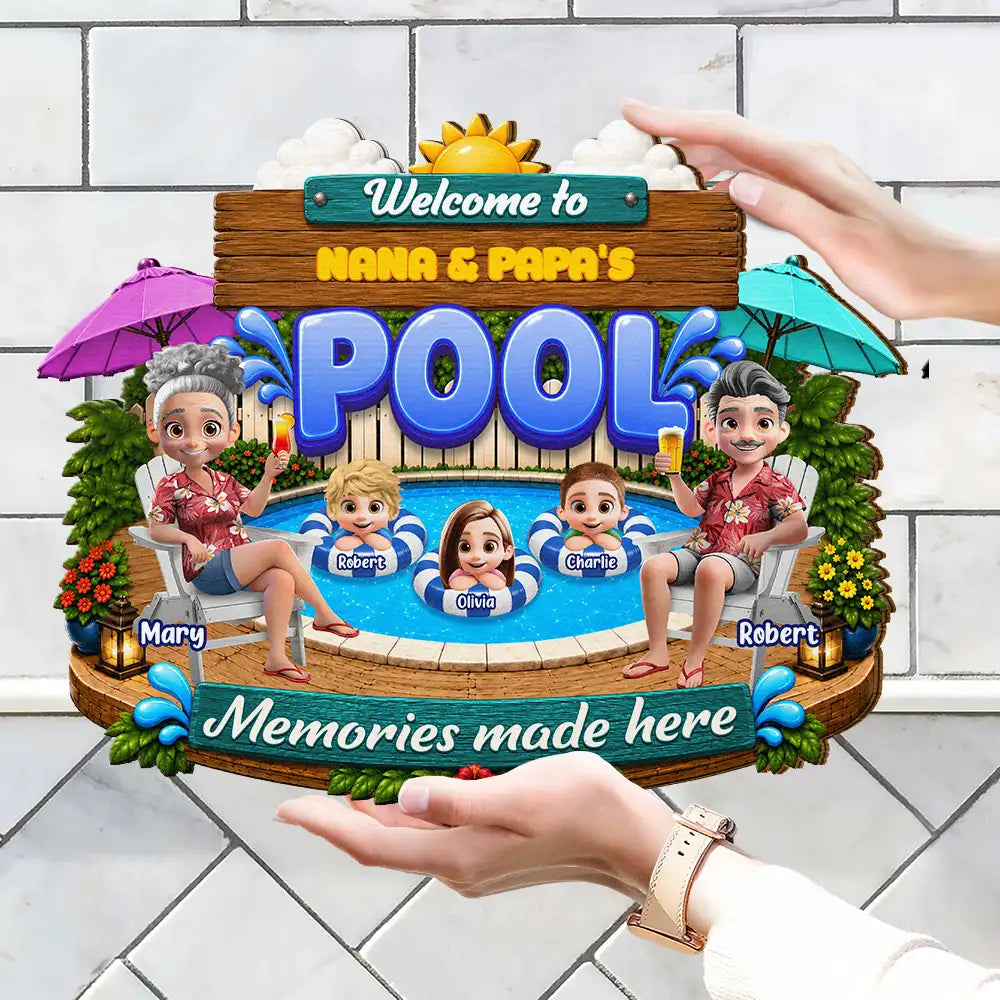 Poolside, Outdoor Decor, Summer, Grandparents, Top Market, Playful, Vector - Welcome To Grandma Grandpa Pool Summer - Personalized Custom Shaped Wood Sign