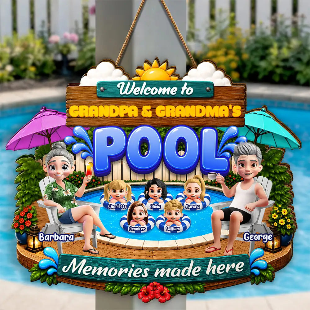Welcome To Grandma Grandpa Pool Summer - Personalized Custom Shaped Wood Sign