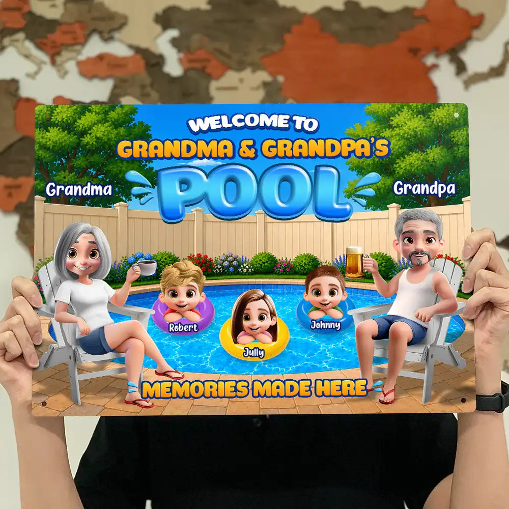 Poolside,Outdoor Decor,Summer,Grandparents,Top Market,Adorable,Vector - Welcome To Grandparents Pool Summer - Personalized Classic Metal Signs