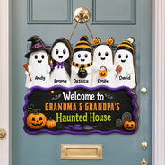 Adorable,Halloween,Grandparents,Icon - Welcome To Haunted House Halloween Boo - Personalized Custom Shaped Wood Sign