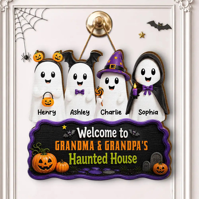 Adorable,Halloween,Grandparents,Icon - Welcome To Haunted House Halloween Boo - Personalized Custom Shaped Wood Sign