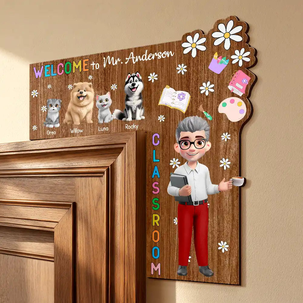 Back To School,Pet Lovers,Playful,Vector - Welcome To My Class Cat Dog Mom Teacher - Personalized Door Corner Wood Sign
