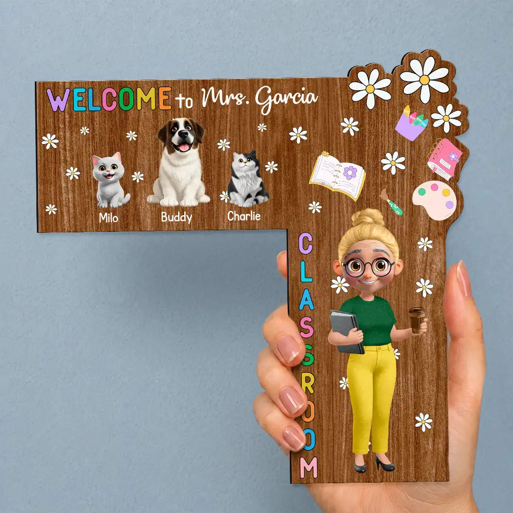 Back To School,Pet Lovers,Playful,Vector - Welcome To My Class Cat Dog Mom Teacher - Personalized Door Corner Wood Sign