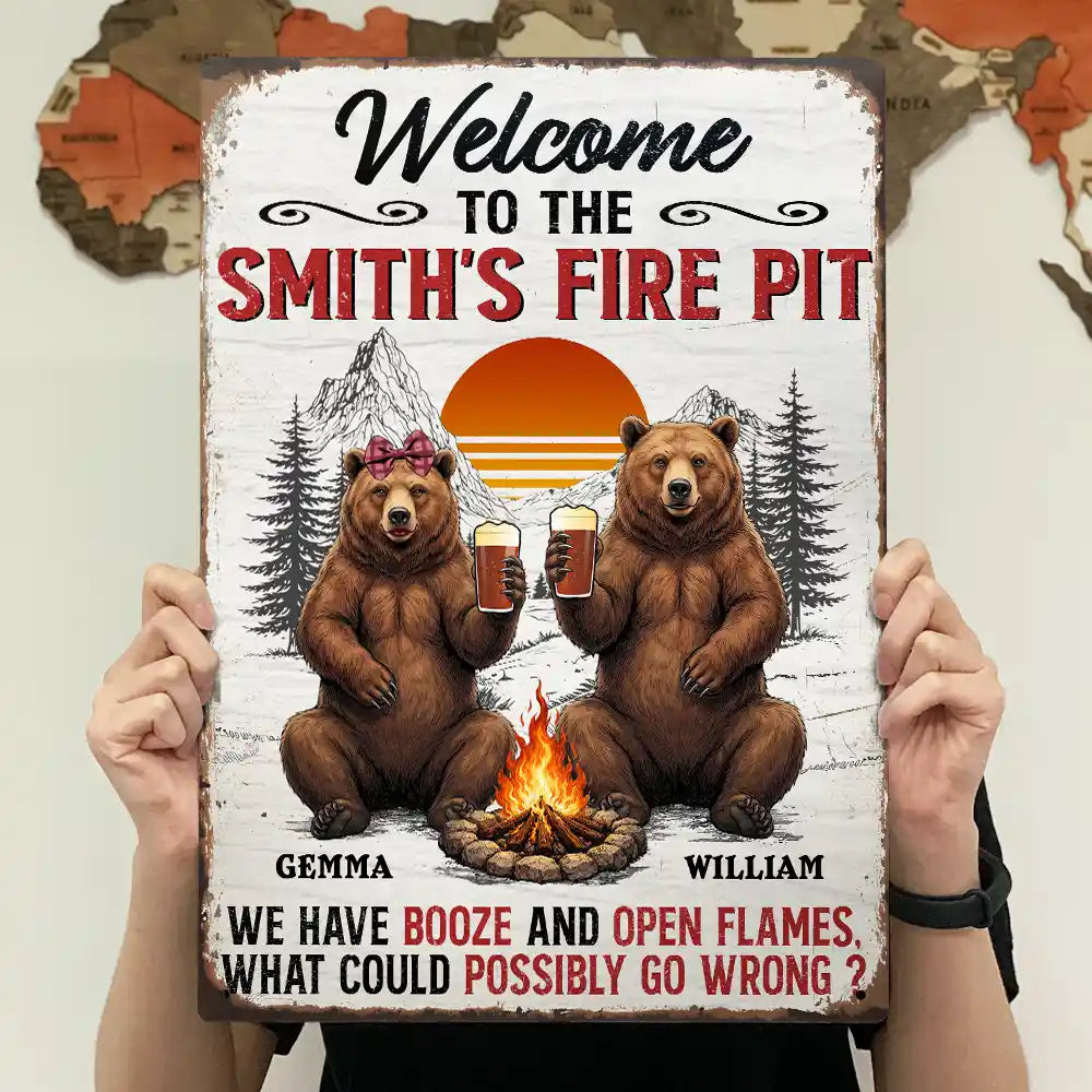 Old Couples,Gift For Husband,Gift For Wife,Gift For Boyfriend,Gift For Girlfriend,Camping,Campsite,Happy - Welcome To Our Fire Pit - Personalized Classic Metal Signs