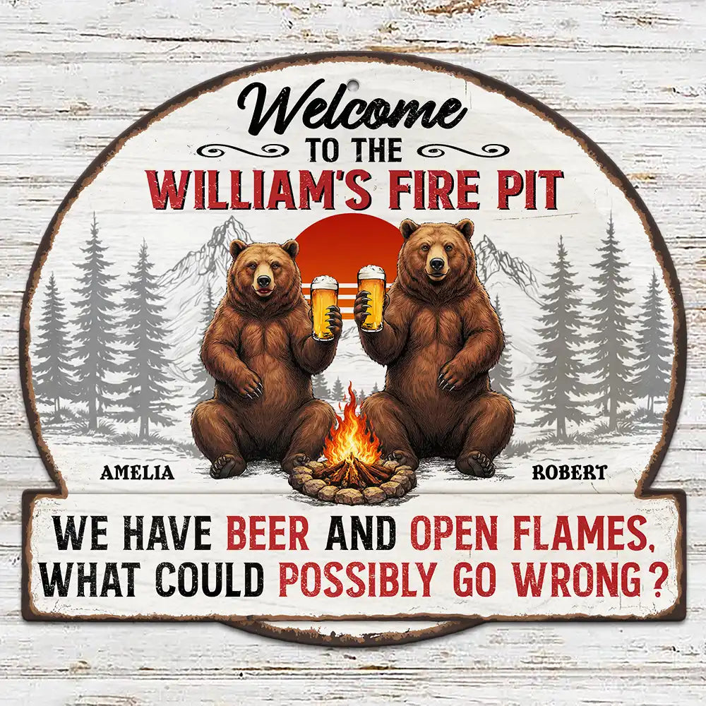 Old Couples,Gift For Husband,Gift For Wife,Gift For Boyfriend,Gift For Girlfriend,Camping,Campsite,Happy - Welcome To Our Fire Pit Bear Couple - Personalized Custom Shaped Metal Sign
