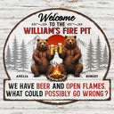 Old Couples,Gift For Husband,Gift For Wife,Gift For Boyfriend,Gift For Girlfriend,Camping,Campsite,Happy - Welcome To Our Fire Pit Bear Couple - Personalized Custom Shaped Metal Sign