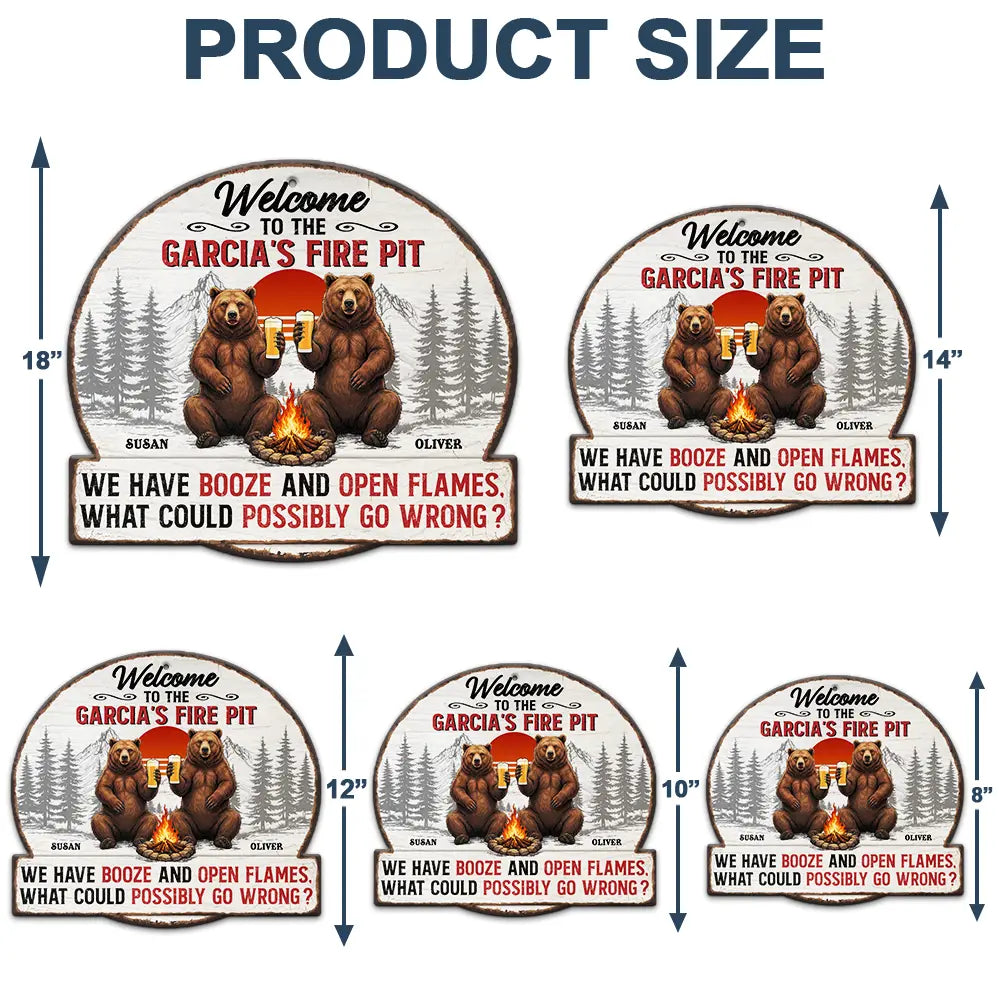 Old Couples,Gift For Husband,Gift For Wife,Gift For Boyfriend,Gift For Girlfriend,Camping,Campsite,Happy - Welcome To Our Fire Pit Bear Couple - Personalized Custom Shaped Metal Sign