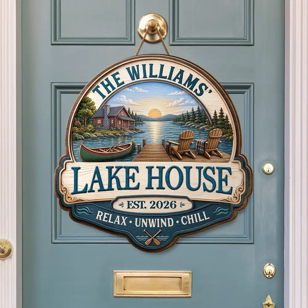 Family, Outdoor Decor, Lake, Icon, Warp Text, Happy - Welcome To Our Lake House Relax Unwind Enjoy - Personalized Custom Shaped Wood Sign