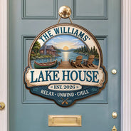 Family, Outdoor Decor, Lake, Icon, Warp Text, Happy - Welcome To Our Lake House Relax Unwind Enjoy - Personalized Custom Shaped Wood Sign