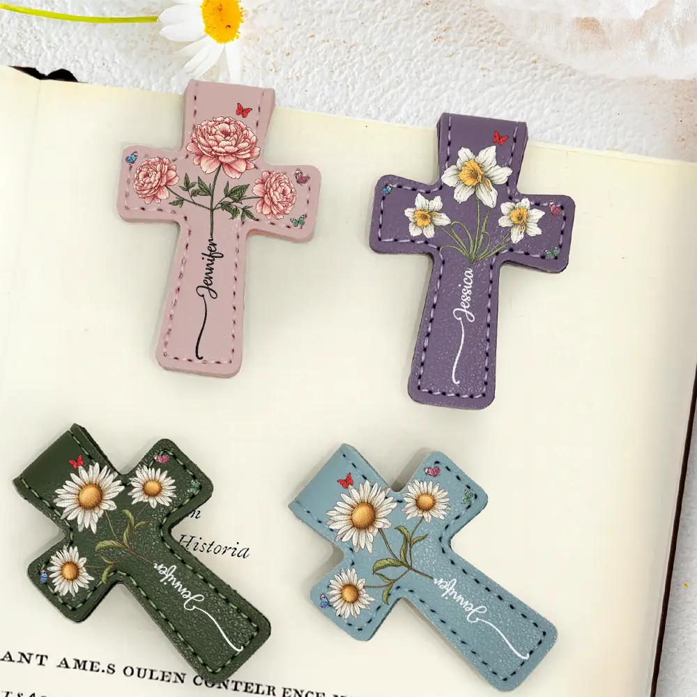 Where Flowers Meet Faith Birth Month Flower With Name - Personalized Cross Leather Magnetic Bookmark