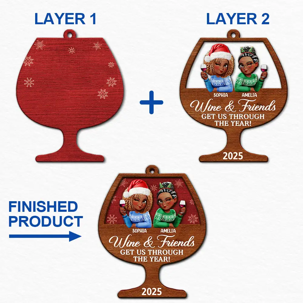 Gift For Bestie,Gifts For Colleagues,Gift For Sisters,Christmas,Funny - Wine And Friends Get Us Through The Year - Personalized 2-Layered Wooden Ornament