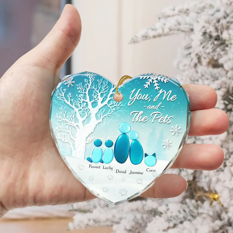 Pet Lovers, Pet Couple, Dog Lovers, Dog Couple, Cat Lovers, Cat Couple, Christmas, Love - Winter You Me And The Dog Cat - Personalized Heart Shaped Glass Ornament