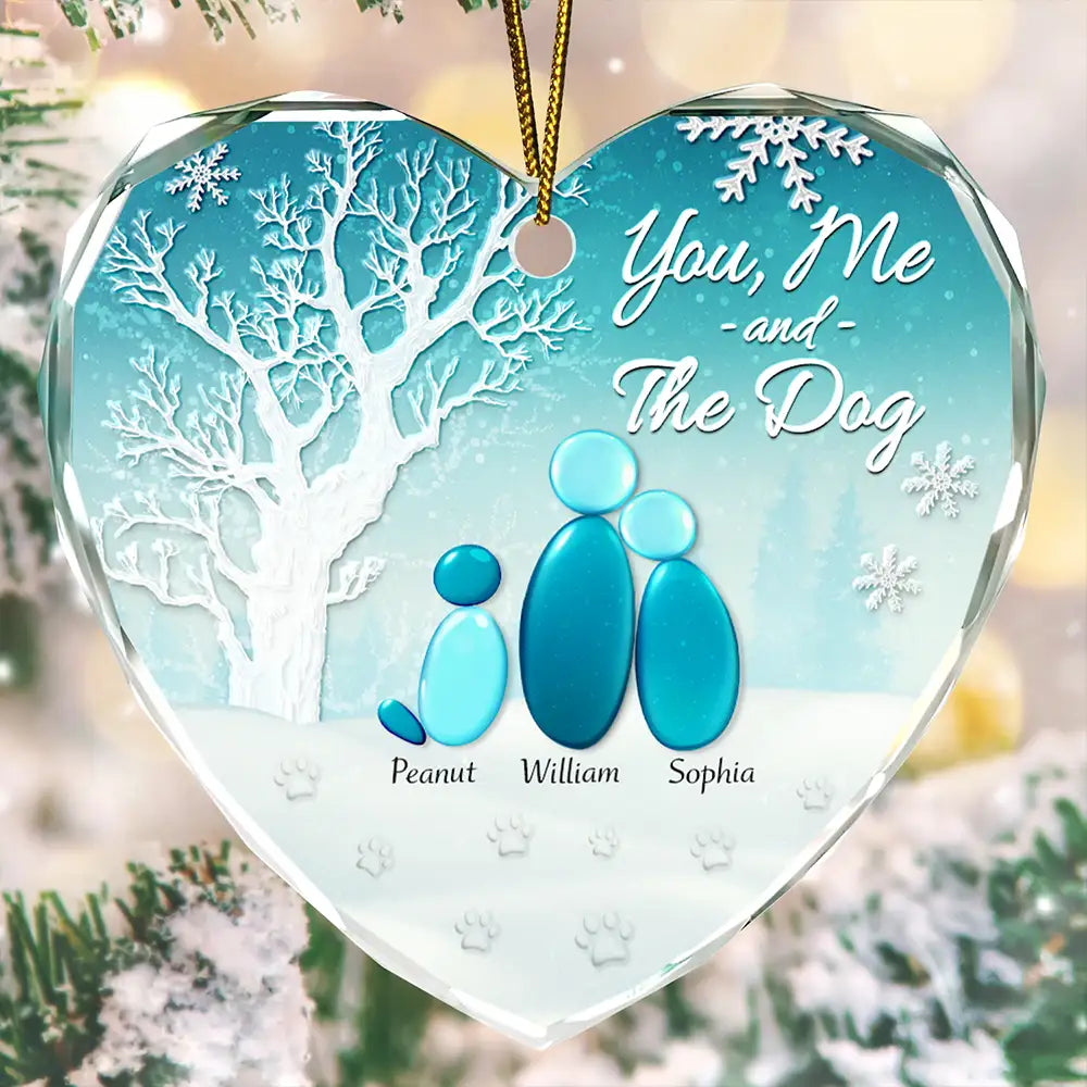 Pet Lovers, Pet Couple, Dog Lovers, Dog Couple, Cat Lovers, Cat Couple, Christmas, Love - Winter You Me And The Dog Cat - Personalized Heart Shaped Glass Ornament