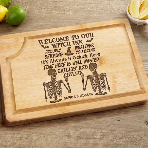 Funny, Halloween, Gift For Couples, Gift For Husband, Gift For Wife, Gift For Boyfriend, Gift For Girlfriend - Witch Halloween Proudly Serving - Personalized Wooden Cutting Board