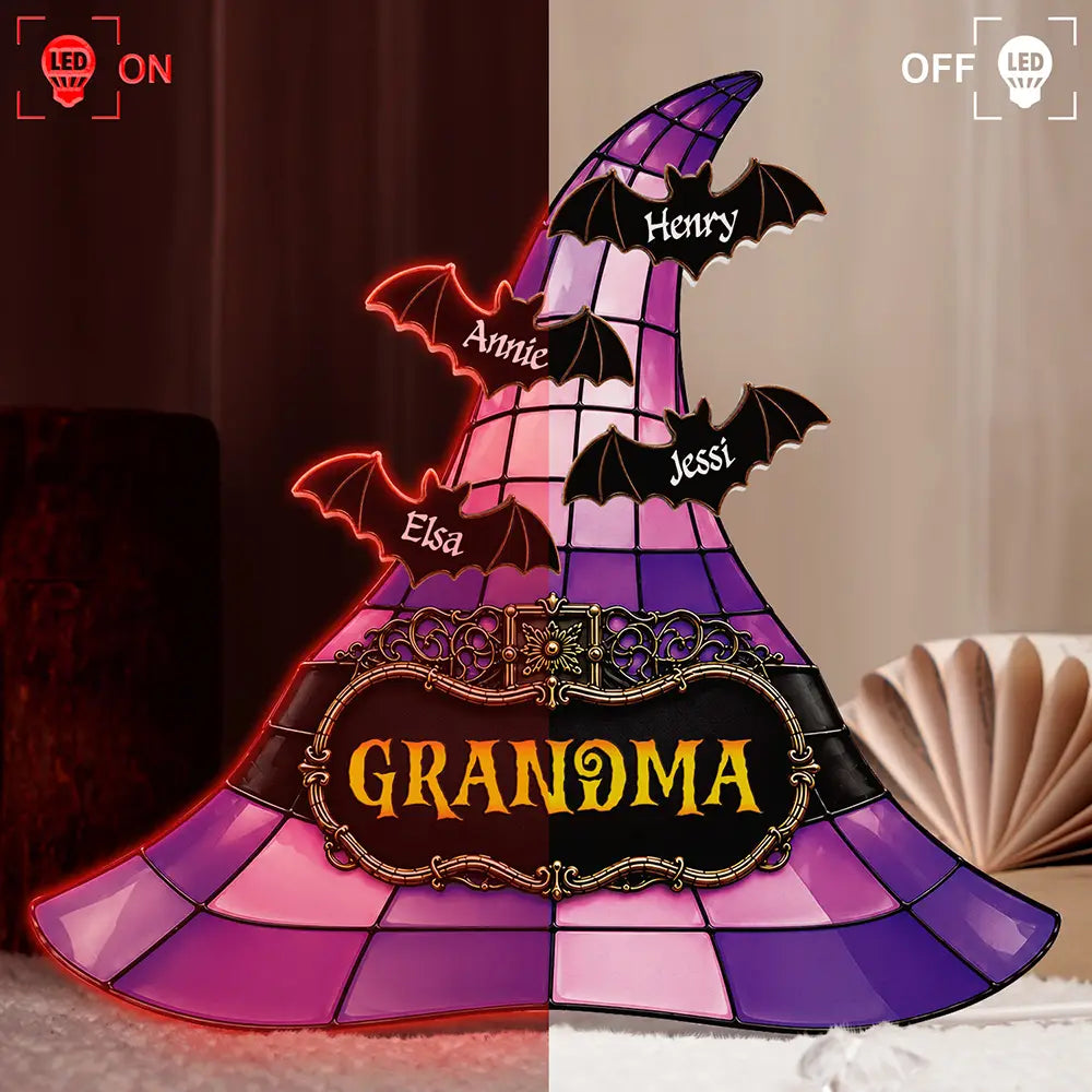 Adorable,Gift For Grandchildren,Gift For Grandkids,Gift For Grandma,Halloween,Grandma - Grandkids,Icon - Witch Hat Grandma & Grandkids - Personalized Custom Shaped Light Box