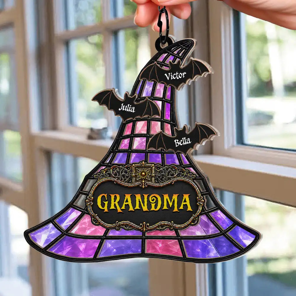 Gift For Grandchildren,Sentimental,Gift For Grandkids,Gift For Grandma,Halloween,Grandma - Grandkids,Icon - Witch Hat Grandma & Grandkids - Personalized Window Hanging Suncatcher Ornament