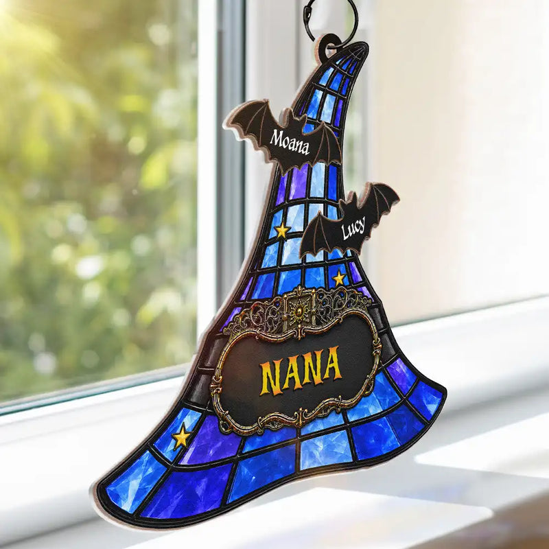 Gift For Grandchildren,Sentimental,Gift For Grandkids,Gift For Grandma,Halloween,Grandma - Grandkids,Icon - Witch Hat Grandma & Grandkids - Personalized Window Hanging Suncatcher Ornament
