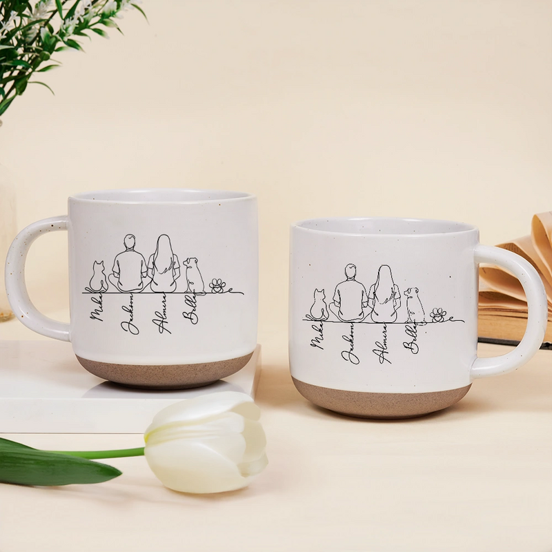 Pet Lovers,Pet Mom,Pet Dad,Pet Couple,Dog Lovers,Dog Mom,Dog Dad,Dog Couple,Cat Lovers,Cat Mom,Cat Dad,Cat Couple,Happy - Woman Man Sitting With Dogs Cats Line Art - Personalized Pottery Mug