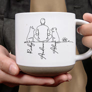 Pet Lovers,Pet Mom,Pet Dad,Pet Couple,Dog Lovers,Dog Mom,Dog Dad,Dog Couple,Cat Lovers,Cat Mom,Cat Dad,Cat Couple,Happy - Woman Man Sitting With Dogs Cats Line Art - Personalized Pottery Mug