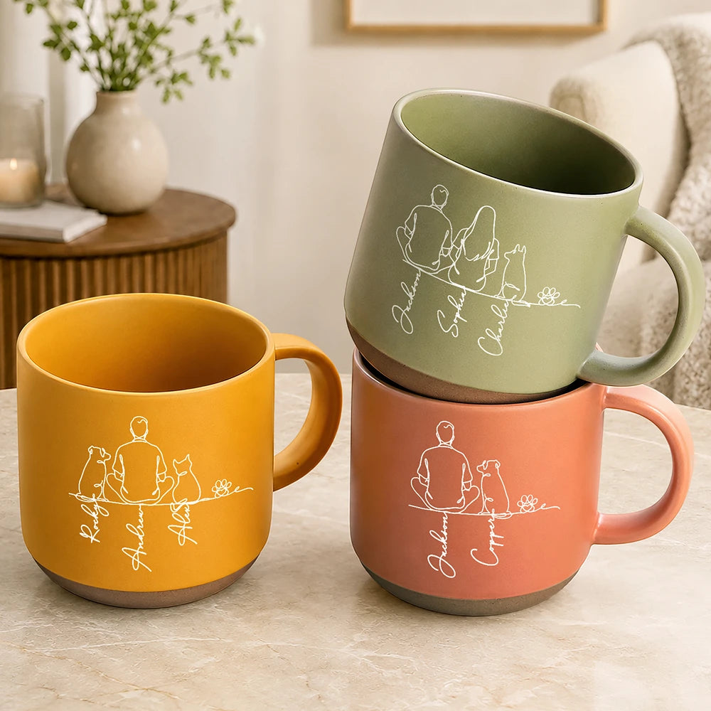 Woman Man Sitting With Dogs Cats Line Art - Personalized Pottery Mug