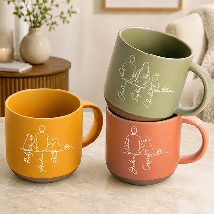 Woman Man Sitting With Dogs Cats Line Art - Personalized Pottery Mug