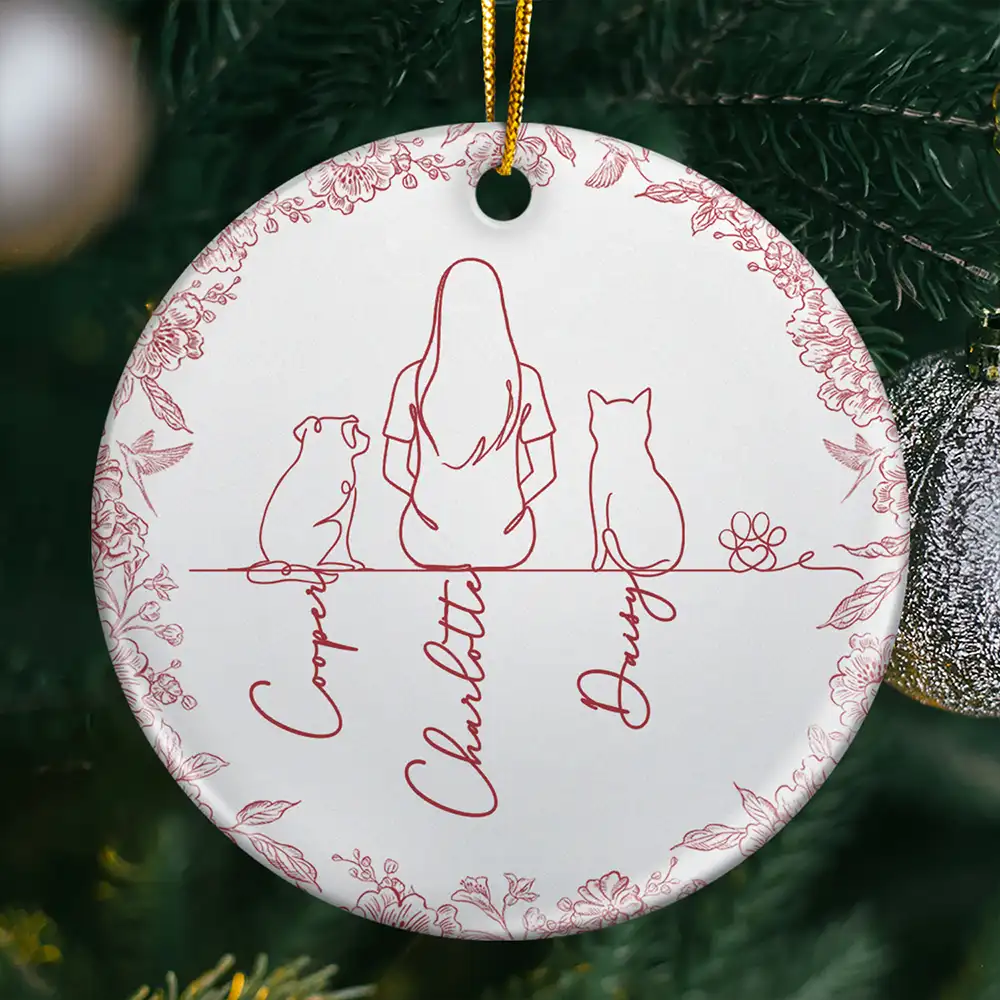 Sentimental,Christmas,Pet Lovers,Memorial,Vector - Woman Sitting With Pets Line Art - Personalized Circle Ceramic Ornament