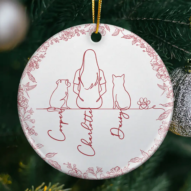 Sentimental,Christmas,Pet Lovers,Memorial,Vector - Woman Sitting With Pets Line Art - Personalized Circle Ceramic Ornament