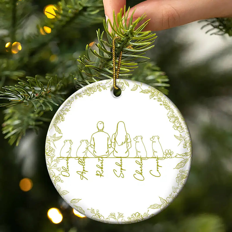 Sentimental,Christmas,Pet Lovers,Memorial,Vector - Woman Sitting With Pets Line Art - Personalized Circle Ceramic Ornament