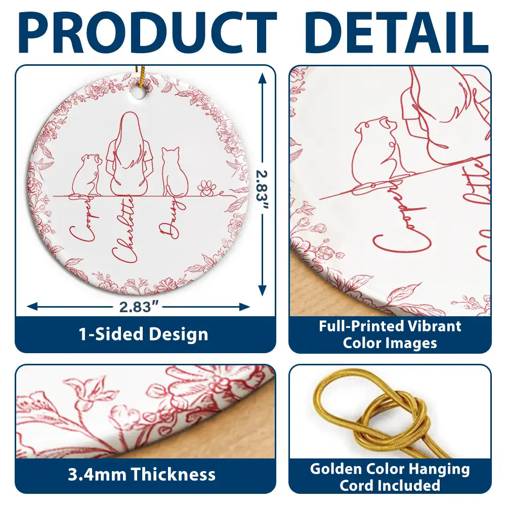 Sentimental,Christmas,Pet Lovers,Memorial,Vector - Woman Sitting With Pets Line Art - Personalized Circle Ceramic Ornament