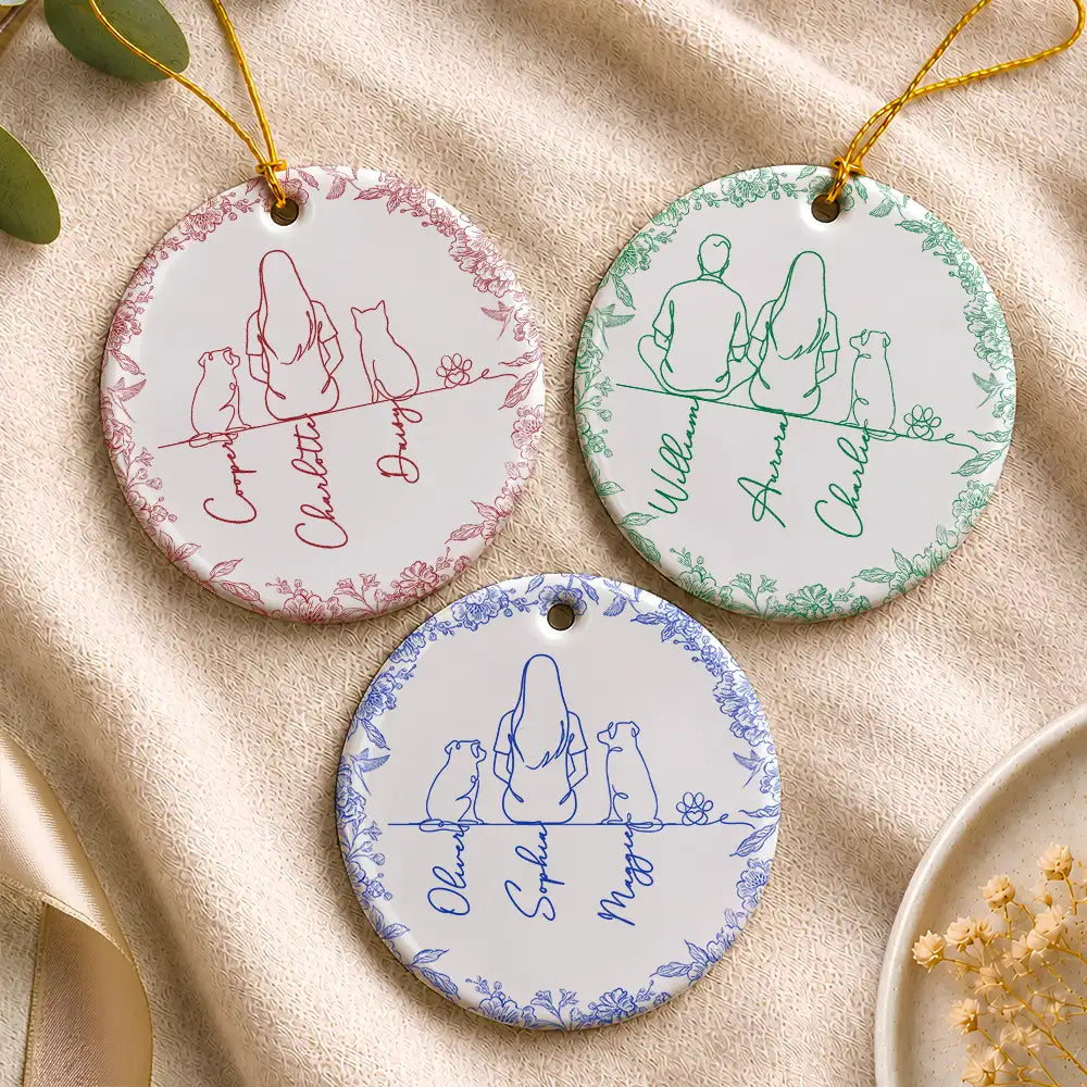 Sentimental,Christmas,Pet Lovers,Memorial,Vector - Woman Sitting With Pets Line Art - Personalized Circle Ceramic Ornament