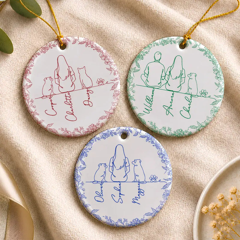Sentimental,Christmas,Pet Lovers,Memorial,Vector - Woman Sitting With Pets Line Art - Personalized Circle Ceramic Ornament